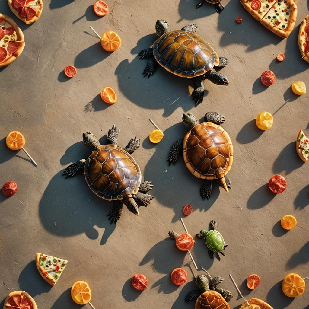 Turtles Enjoying Pizza and Lollipop: Hyper-Realistic Photo