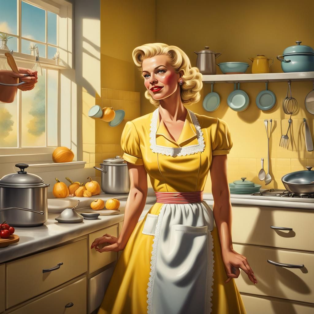 A full body shot of a beautiful blond 1950s housewife in a kitchen ...