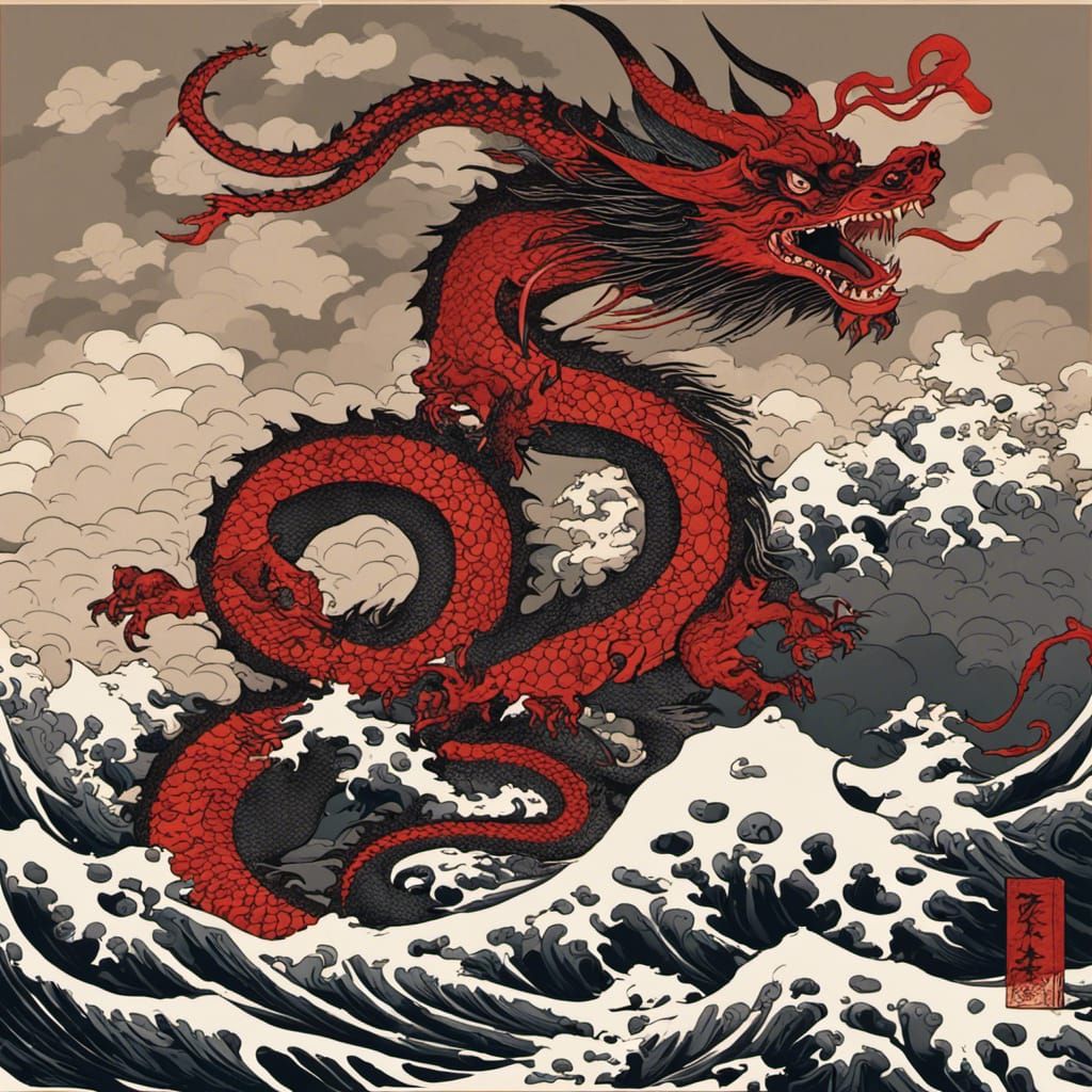 Red dragon, Japanese style art, ukiyo-e art style - AI Generated ...