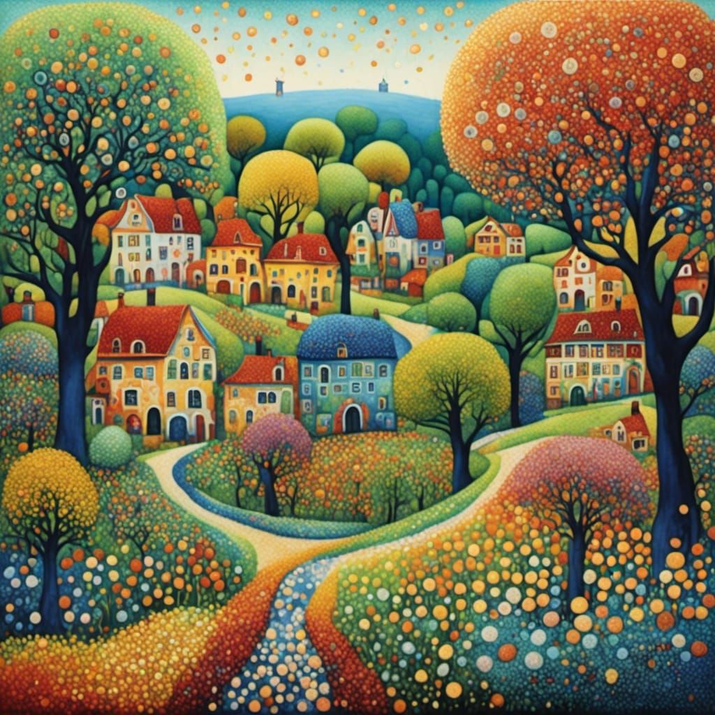 <lora:DarkPointillismXL:1.0> village trees flowers colorful  high detail