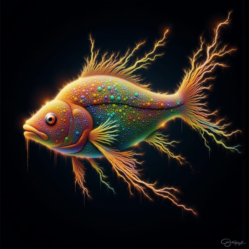 <lora:cryptogam:1.0> Vibrant zodiac fish, meticulously crafted from swirling fireworks, suspended in a deep, velvety black background, remin...