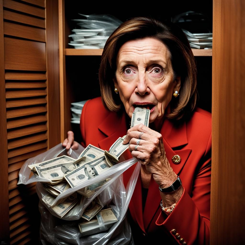 Nancy Pelosi eating a bag of money in a dark closet