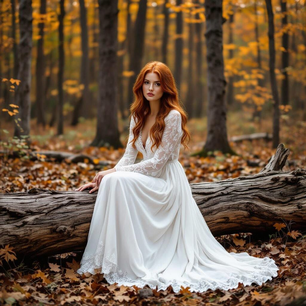Photo of a dense autumn forest. There is a big log on the ground from a tree that fell over many years ago. A beautiful red-head woman with ...