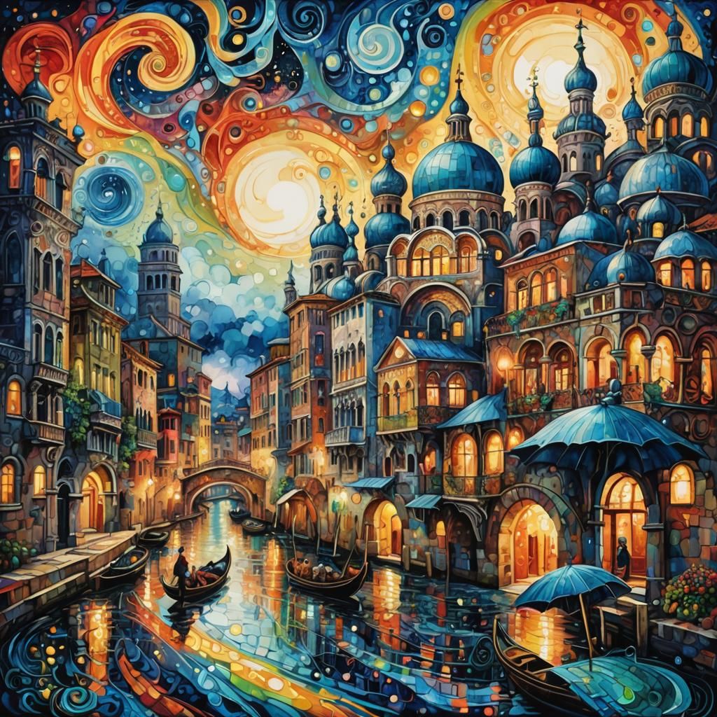 “maximalist  dark midnight  cityscape fairytale,  Venice and Istanbul and Russian onion domes,marbled ...  by @Jano