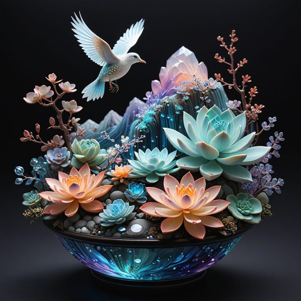 Japanese Ink Wash Masterpiece with Tigers, Birds, and Gemsto...