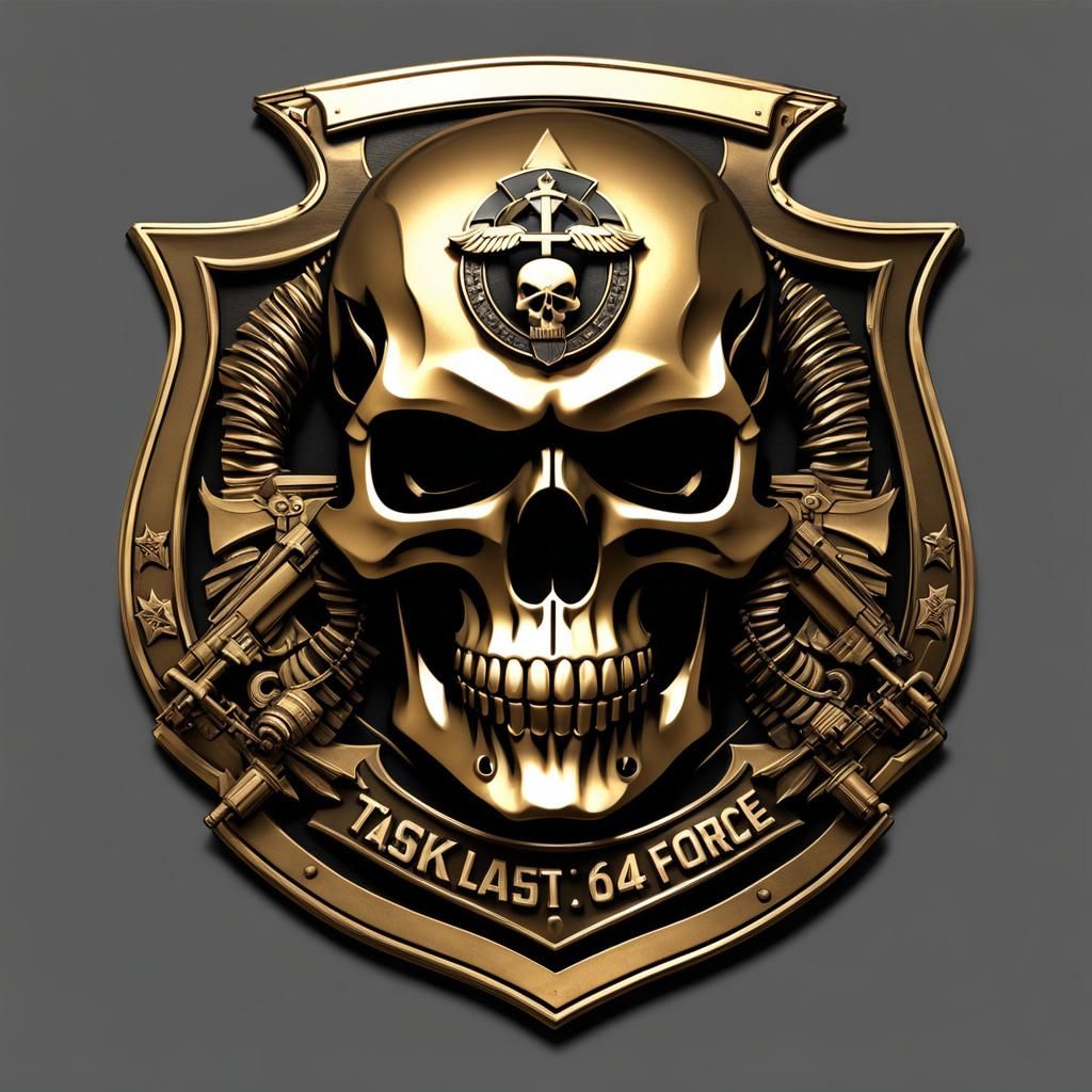 A military emblem containing skulls and bearing the name Tas...