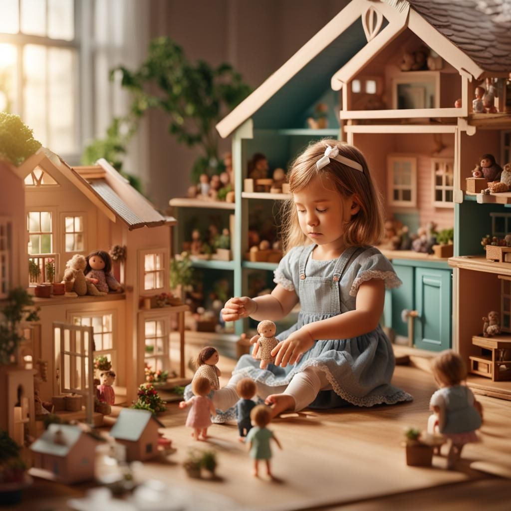 A girl plays with little dolls at dollhouse