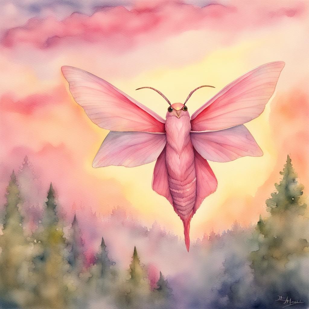 Rosy maple moth flying at sunrise