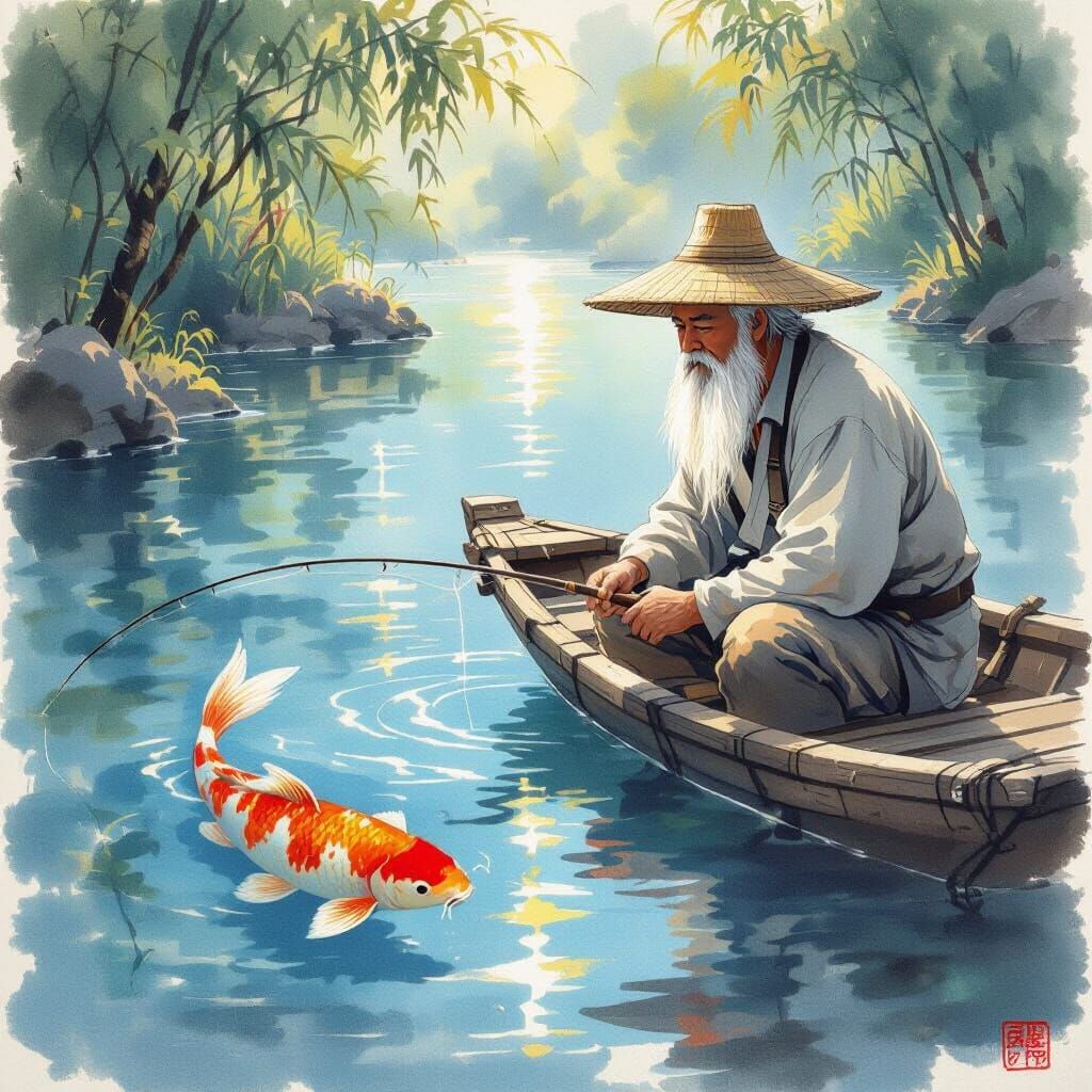 Old Fisherman on Boat in Tranquil Pond