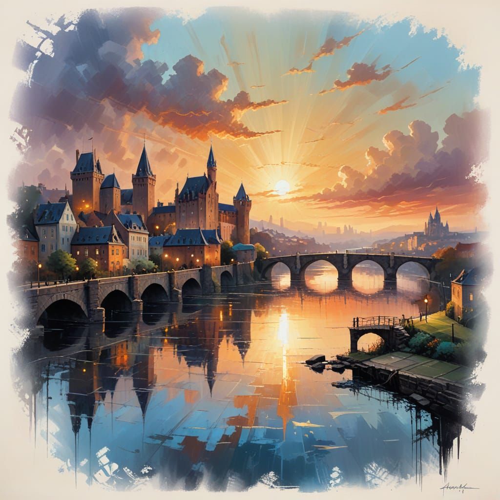 European Bridge Landscape Painting