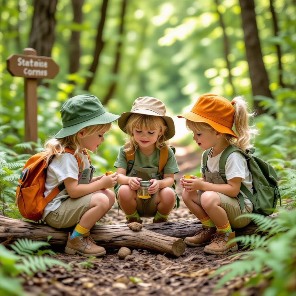 Triplet Explorers on Forest Trail in Beatrix Potter Style