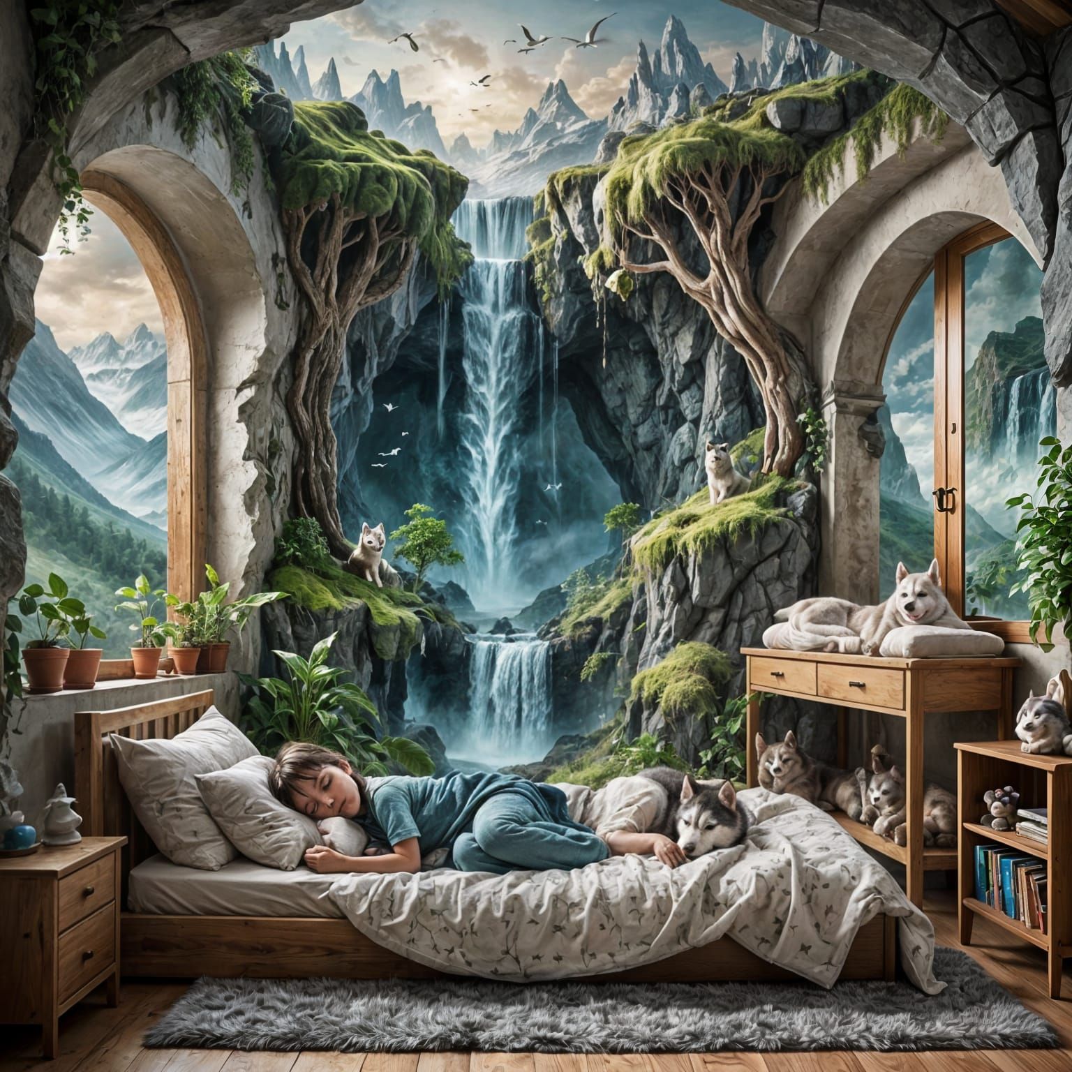 A surreal scene of a child and a husky dog sleeping together in a bed, in a magical children's room blending ...  by @KomBib