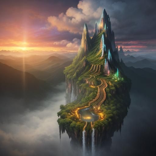 Fantastical Landscape with Radiant Sunset in Oil Painting St...