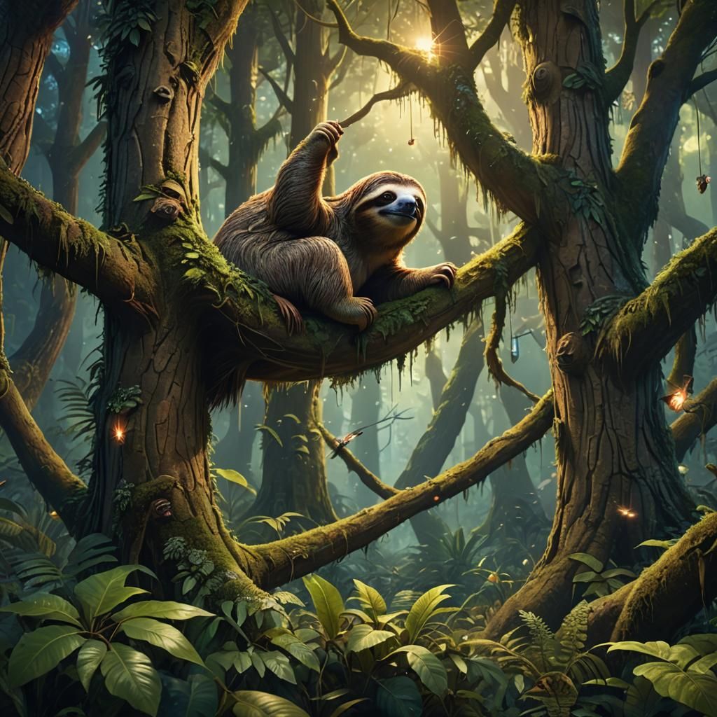 Sloth in Forest: Detailed Matte Painting with Warm Light