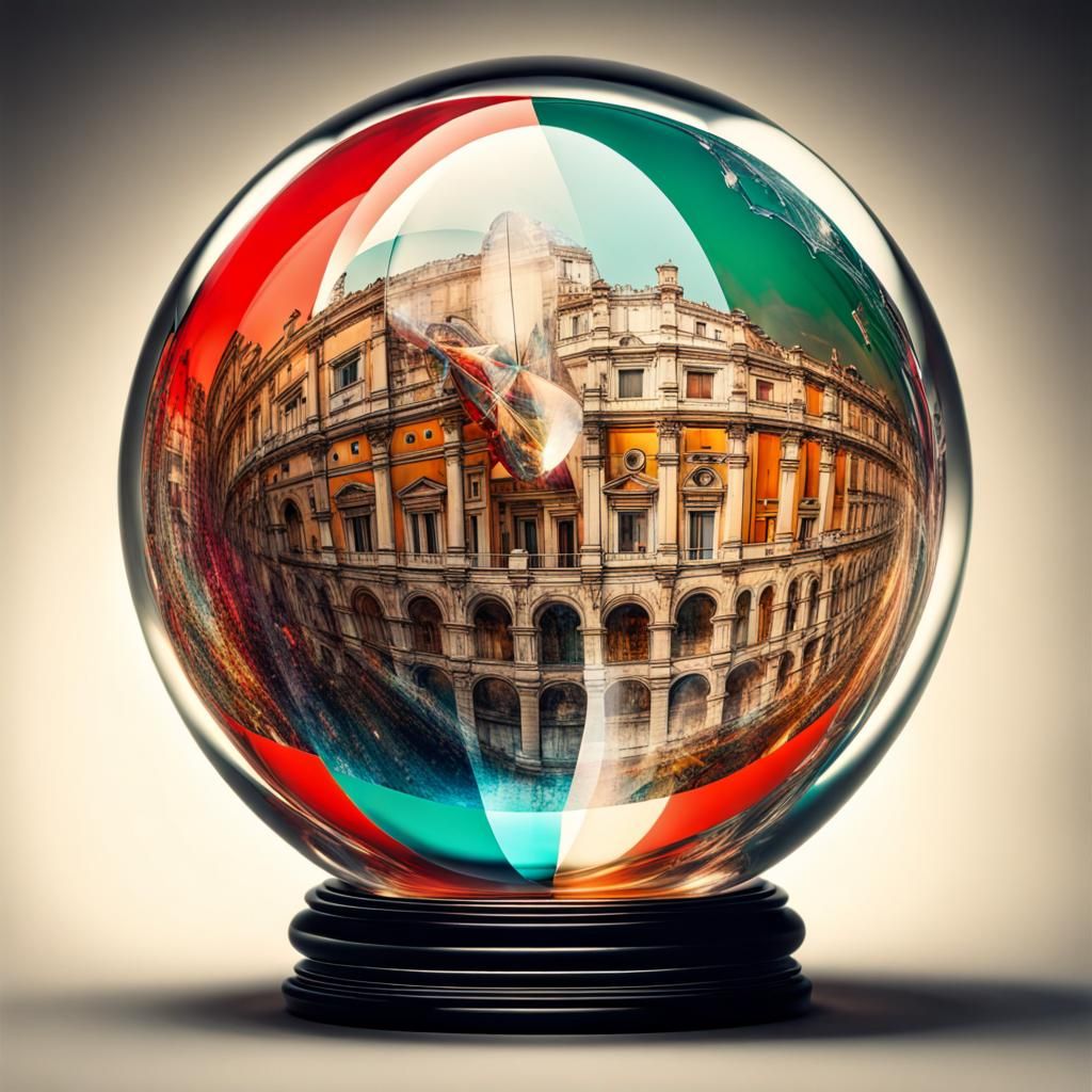 Italy inside crystal sphere, triple exposure, retrofuturisti...