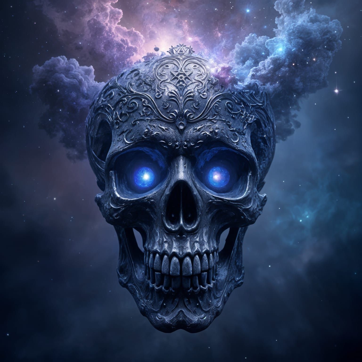 "Hyper-detailed 8K UHD digital artwork of a majestic cosmic death skull forged from blackened filigreed obsidian, the cranium a swirling por...