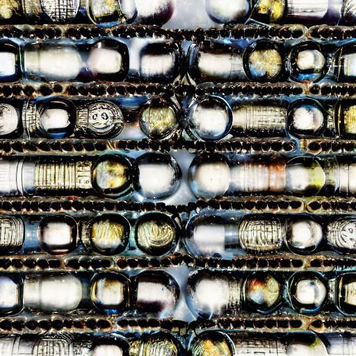Light bulbs wine bottles spheres beads of black pearls