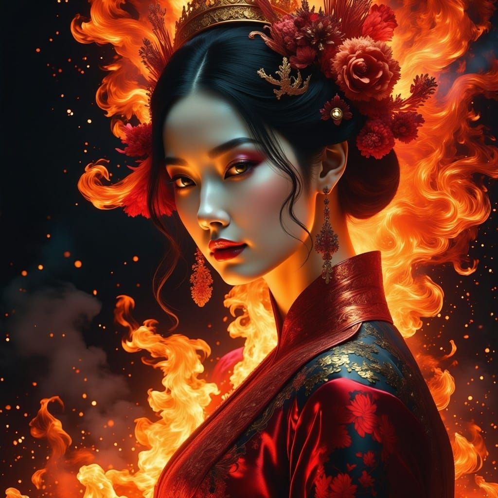 <lora:Made from fire 2:1.0>; black ink; intricate patterns; beautiful  japanese girl face portrait; with stunning eyes tattoo; red dress ; F...