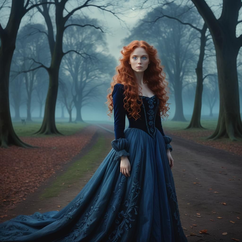 La bellissima Aurora Nerval-Lermontov,con lunghi boccoli rossi, occhi blu oltremare e sontuoso abito blu indatrene, lungo, con lo strascico,...