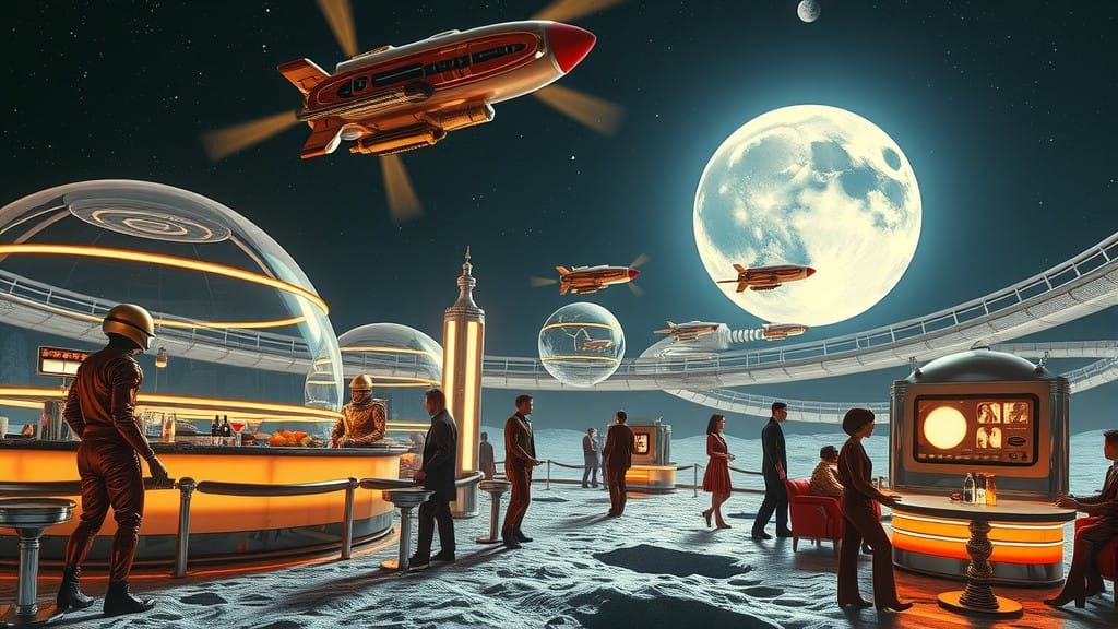 vibrant, retro-futuristic lunar colony as envisioned in 1925. The scene includes glowing glass domes ...  by @Dan Jones