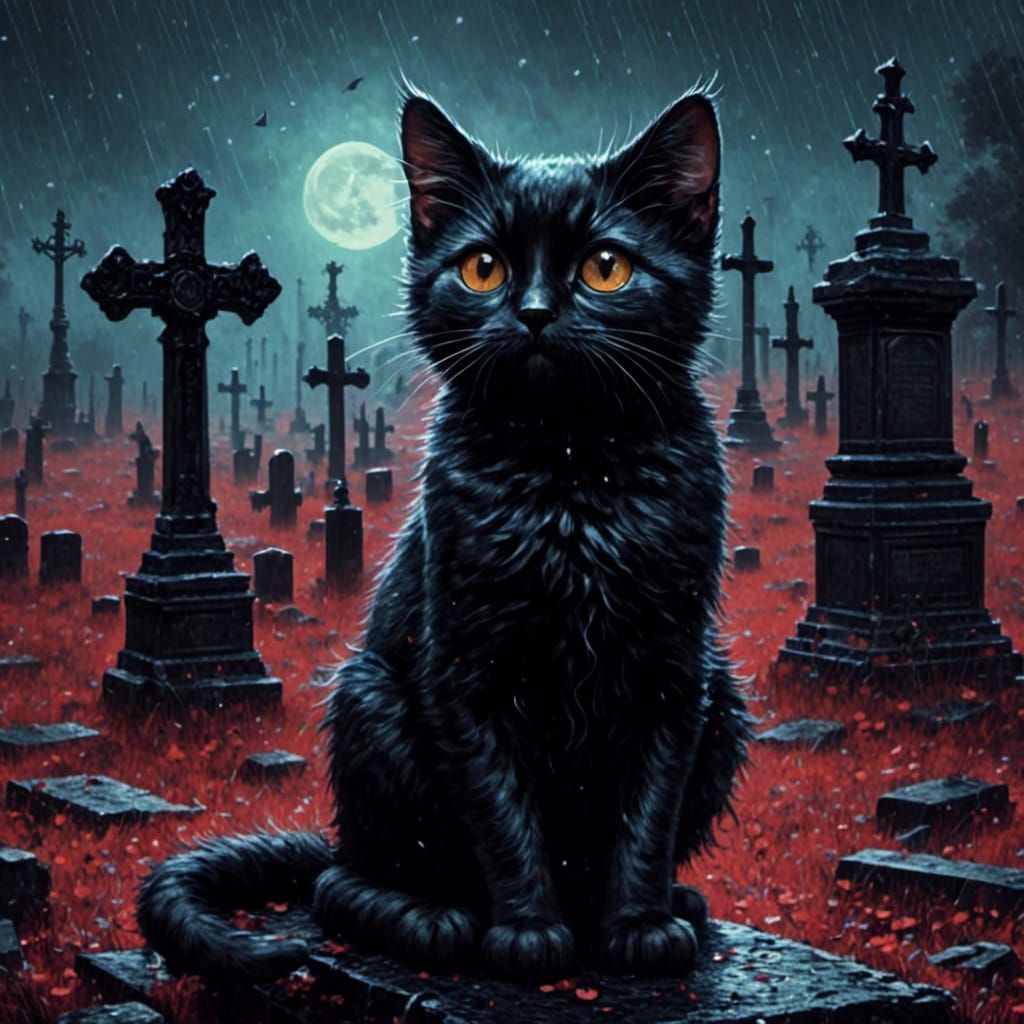 Cute black cat sitting in a cemetery in the rain, cute artwork
<lora:EffenMetalXL:1.0> 