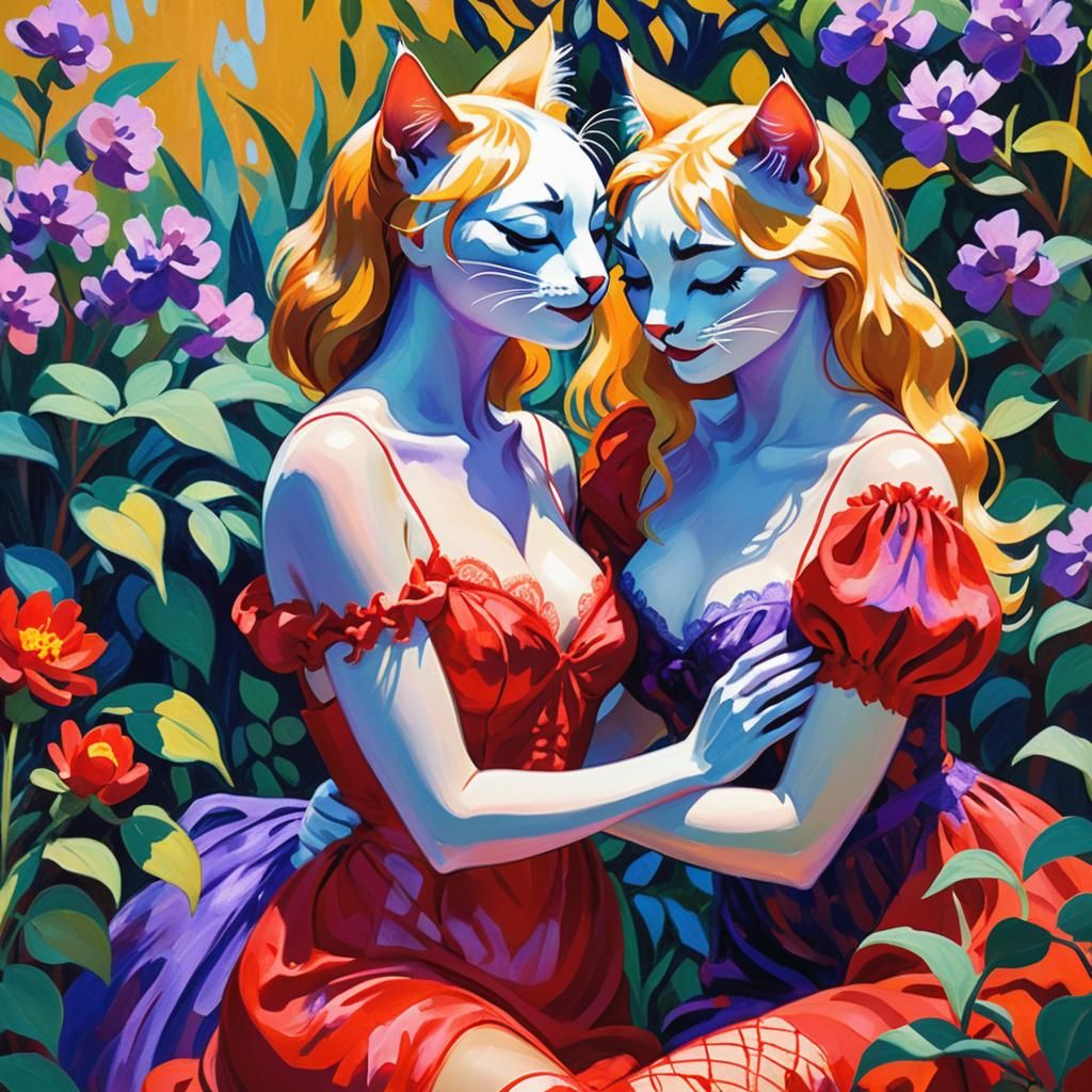 Two anthropomorphic cat girls in short red silk nightgown an...