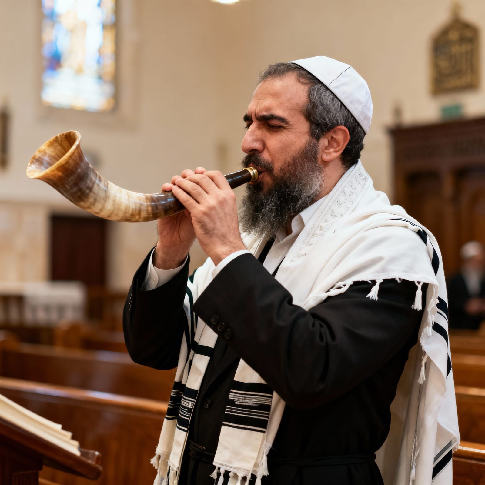Haredi Man Blows Shofar in Synagogue with Warm Light