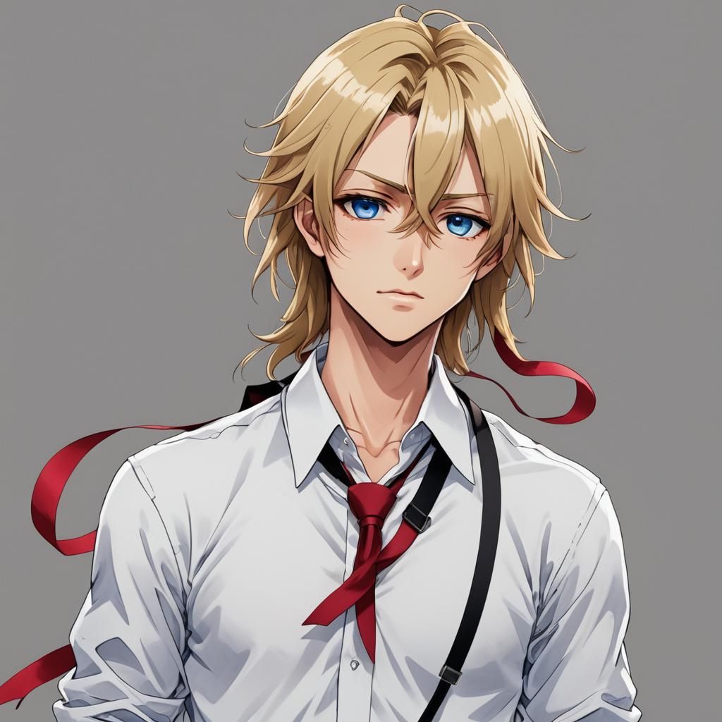 A young man with long, blonde hair that ends at the shoulder...