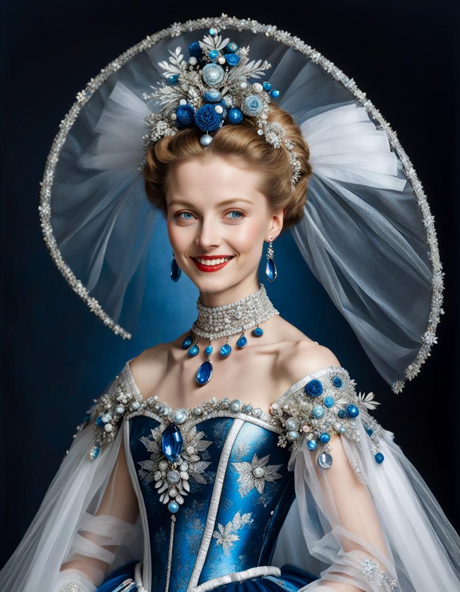 ""beautiful smiling woman wearing an intricate futuristic dr...
