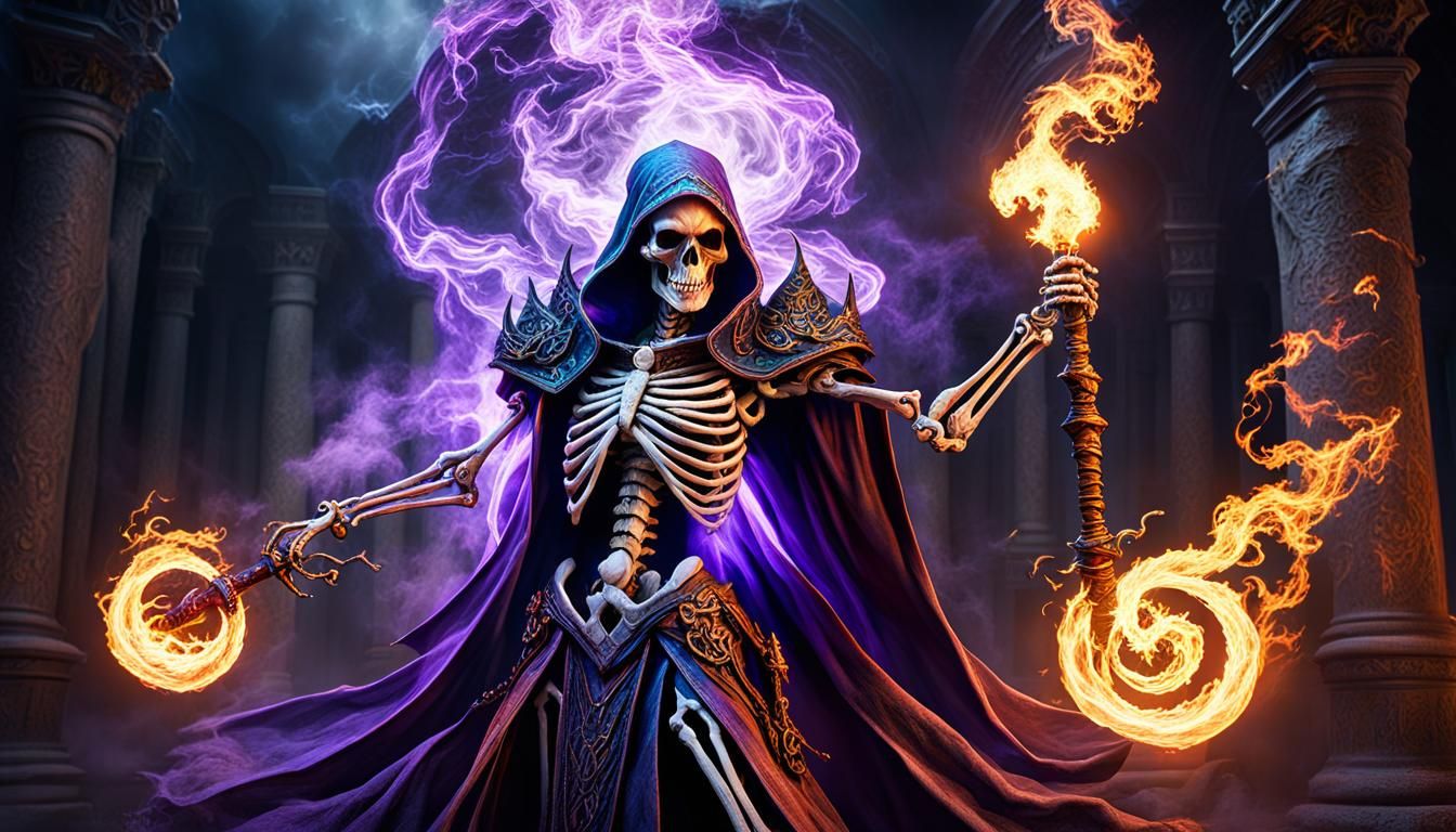 Extremely photo realistic highly elaborate skeleton sorcerer battling ...