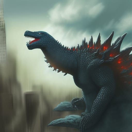 Meca Godzilla with steampunk huge wings with red eyes and a big city ...