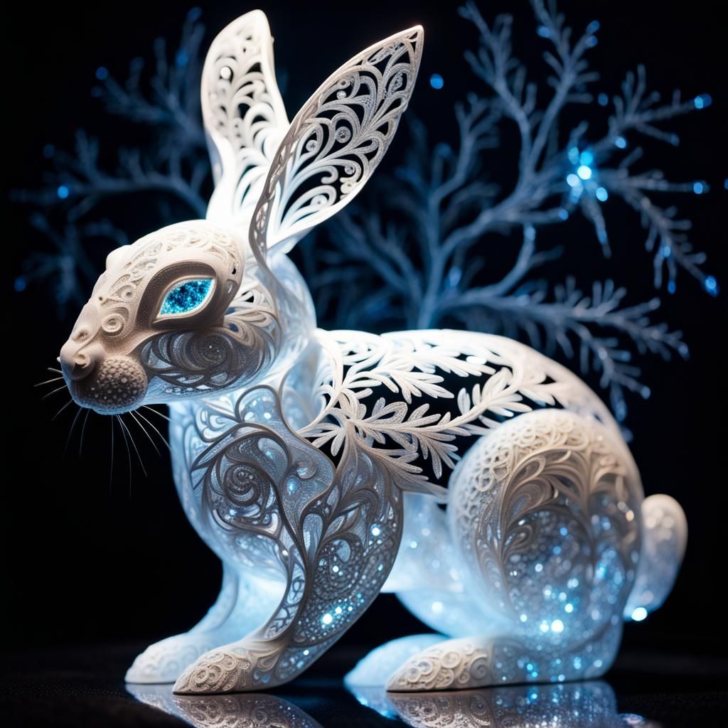 Intricate frozen fractals lace rabbit sculpture, bright, glo...