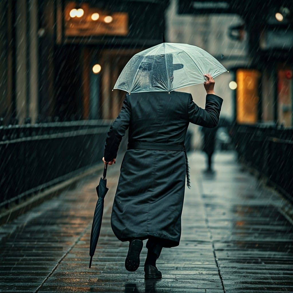 Haredi Man in Rain, Realistic 8k Art