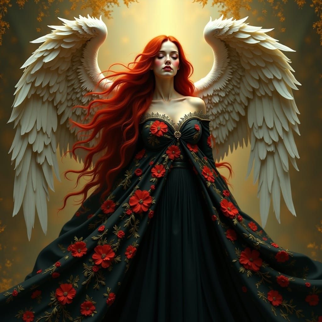 <lora:Flowing red hair:1.0> An angel is surrounded by a stately black cloak, the material richly embroidered with red flowers. The cape is e...