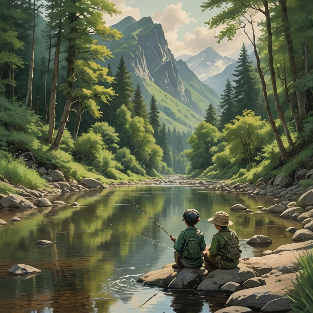 Lazy Summer - Near the water's edge, two small boys sits patiently fishing  by @Murray