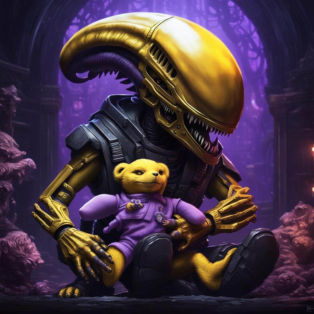 baby xenomorph holding a teddy bear