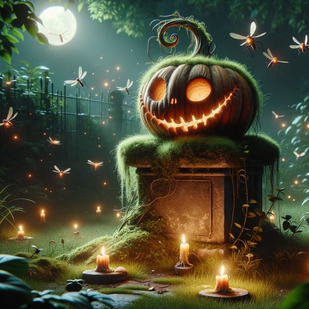 A whimsical, overgrown Jack-o'-lantern with a mischievous grin sits atop a moss-covered stone pedestal ...  by @Luna