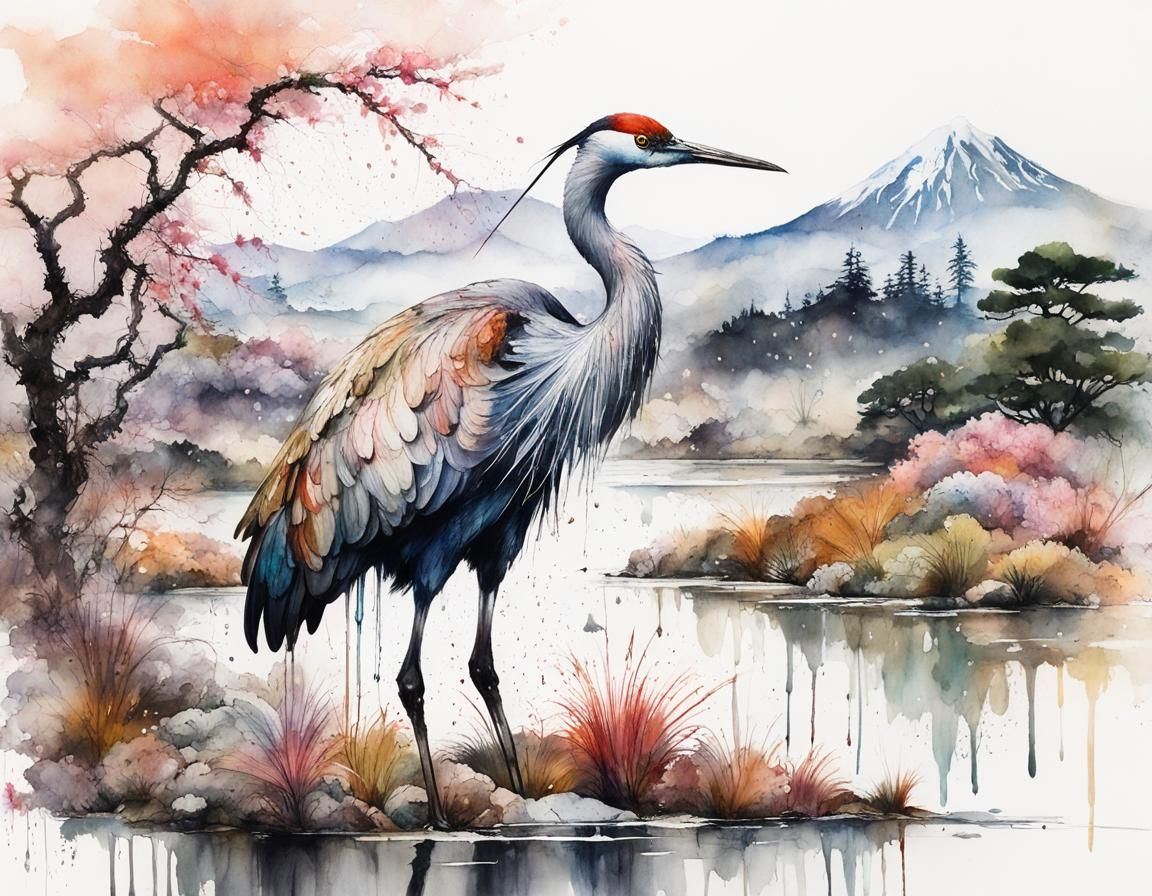 Crane with ink drips  by @NillyBot