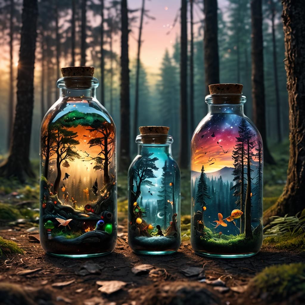 Insanely detailed photograph of a Two different Magic World Inside Bottles, with sunsets and galaxy forest ...  by @ReAlyssee