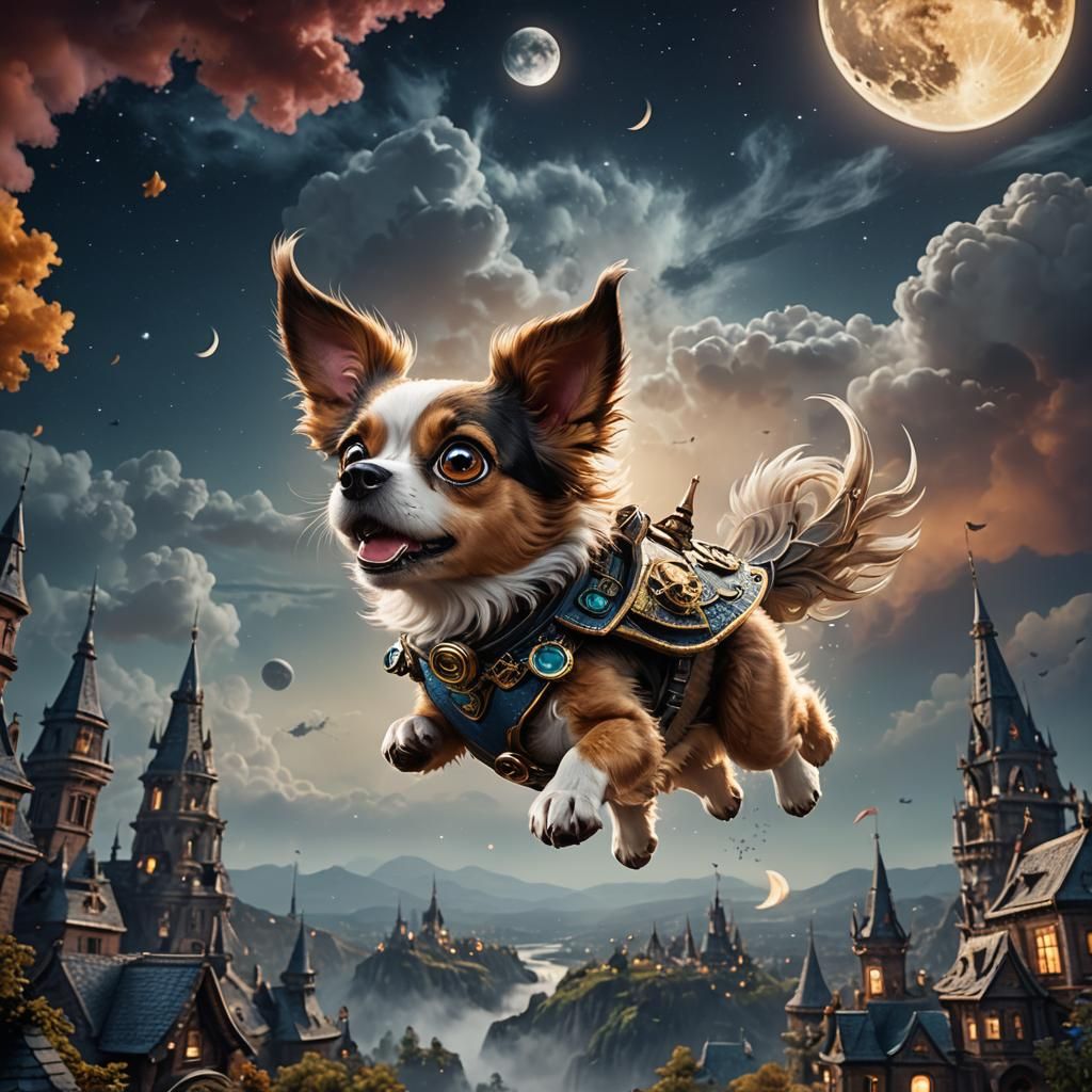 Dog with big eyes flying to the moon