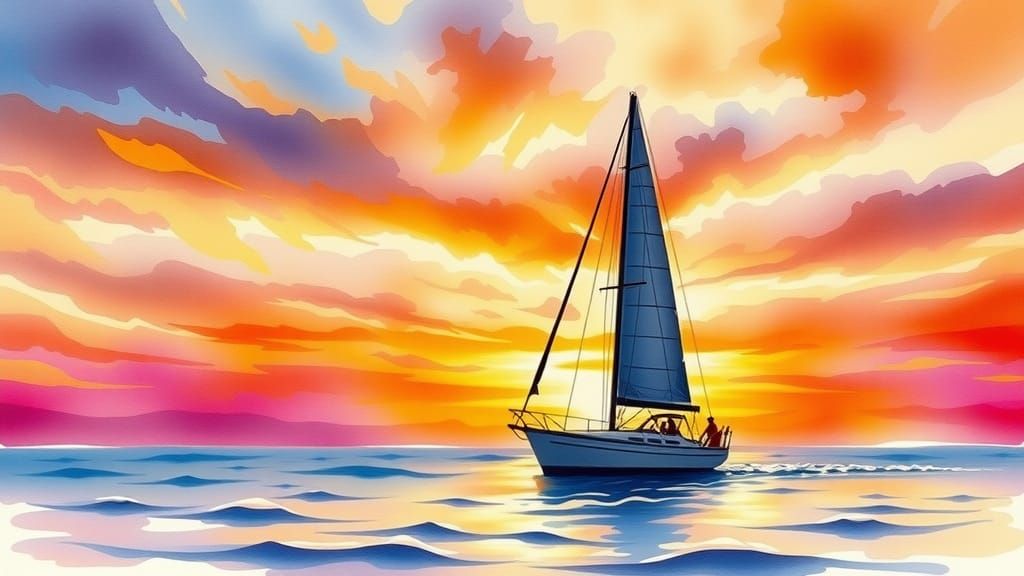 Watercolour painting of A sunset view featuring a silhouette...