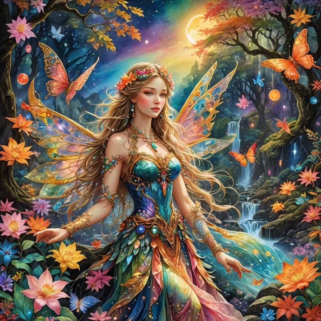 Neon Fairy in Enchanted Forest, Digital Art