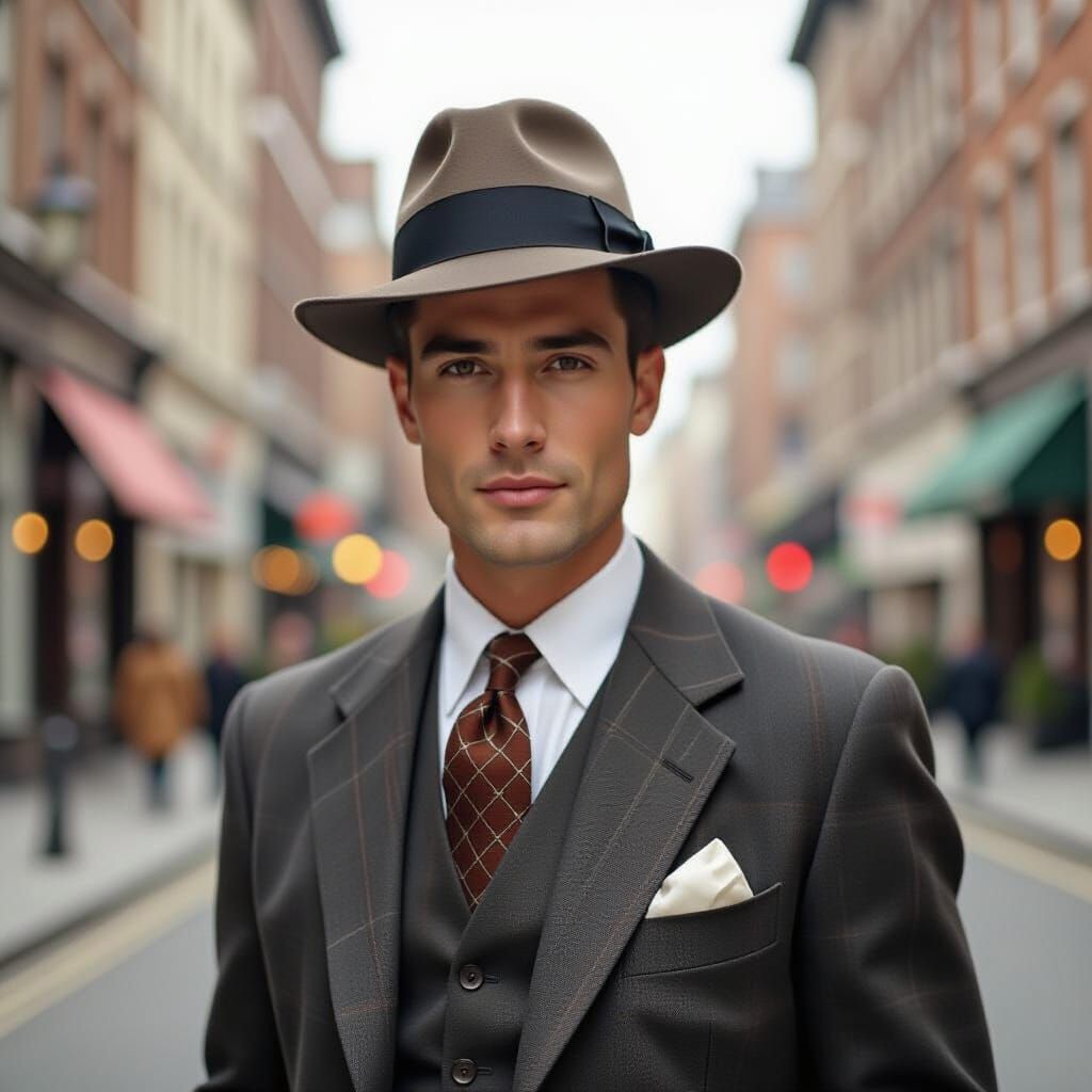 Vintage illustration. Medium shot. Man wearing suit and hat in city street. Close up. Retro art style. ...  by @Kosh