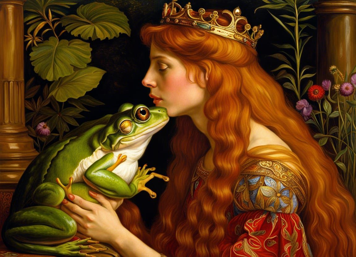 a frog prince embraces a princess waiting for the kiss... ki...