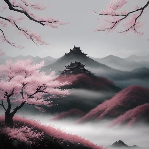 Lone Swordsman on Misty Peak in Sumi-e Style