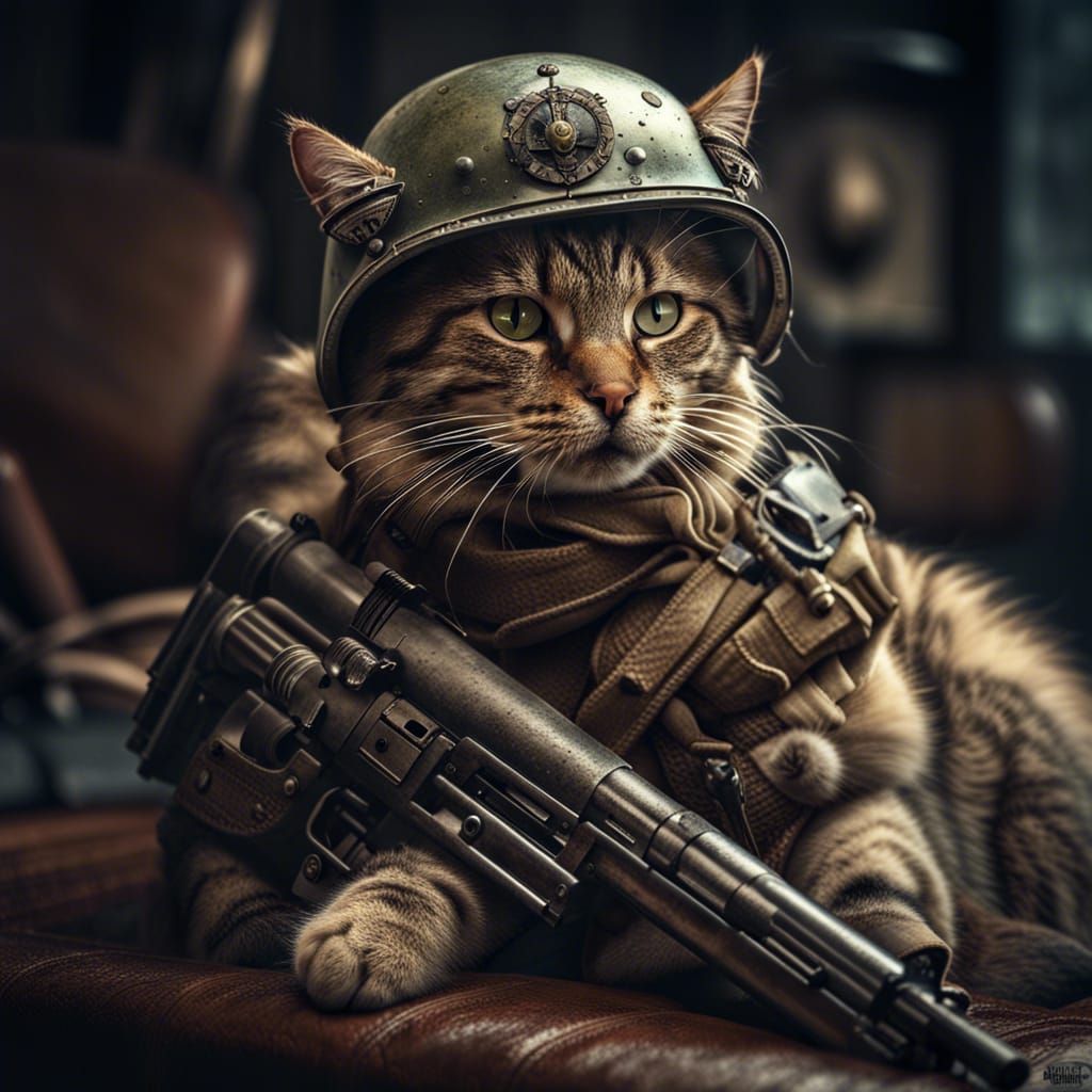 cat with ww2 helmet and guns - AI Generated Artwork - NightCafe Creator