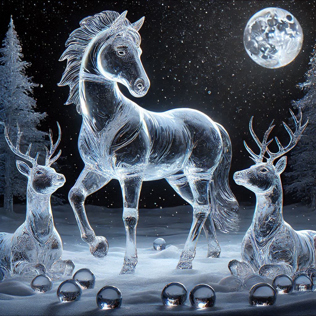 Cheval et cerfs de glace