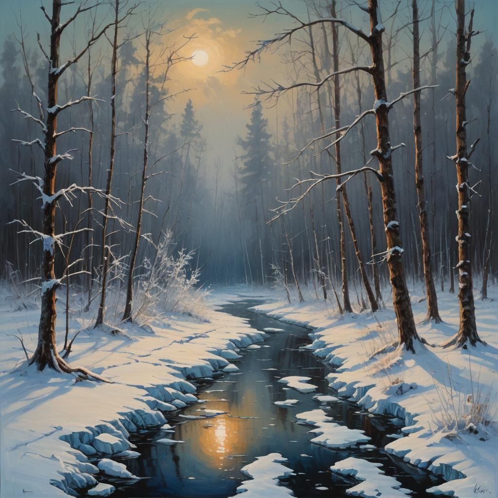 Frosty path, silence in the air. The dark Siberian Taiga sur...