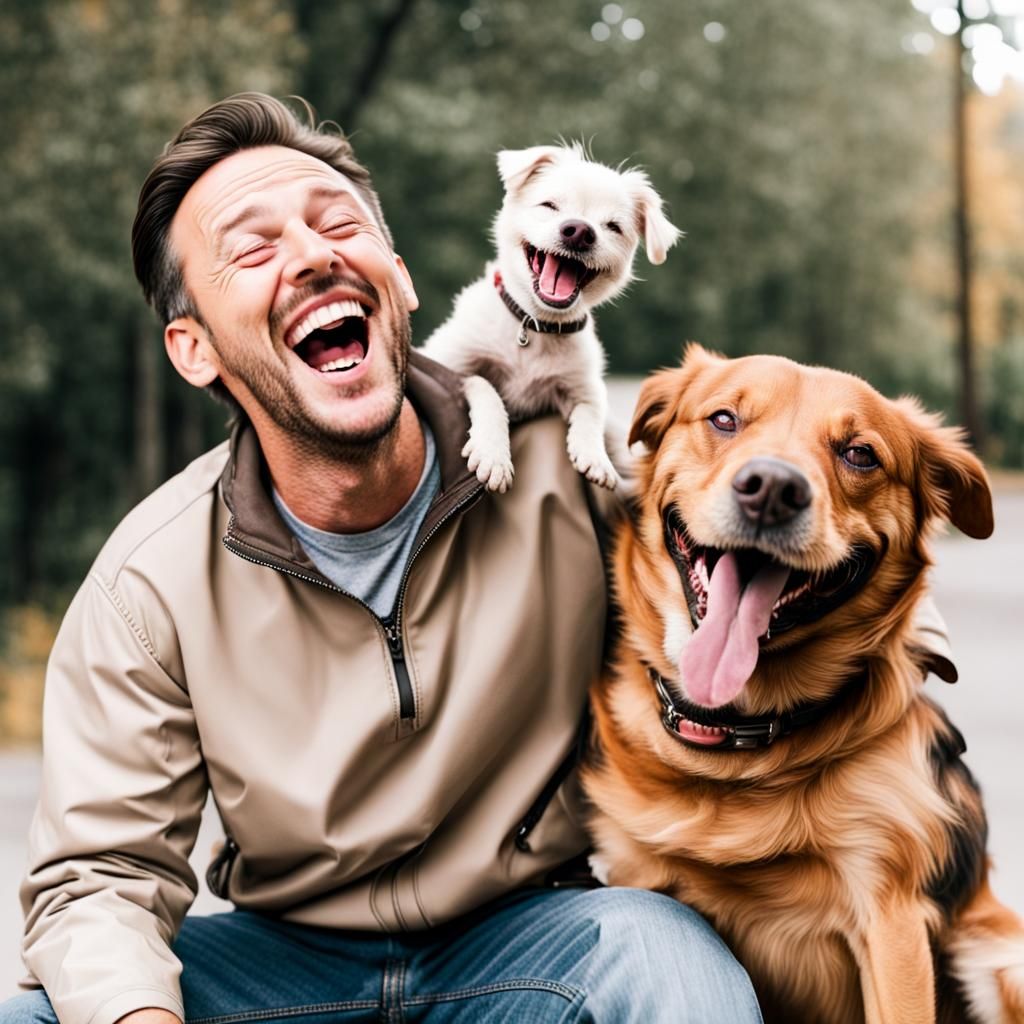 A man and his dog laughing hysterically.