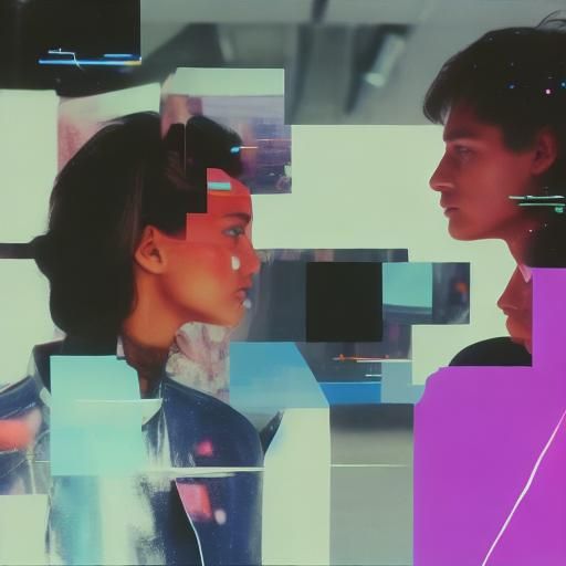 <lora:The Broken 90s SD15:1.0>
Side profile of a man and a woman looking at each other.
1990's style bootleg sci-fi movie scene. Grainy VHS...